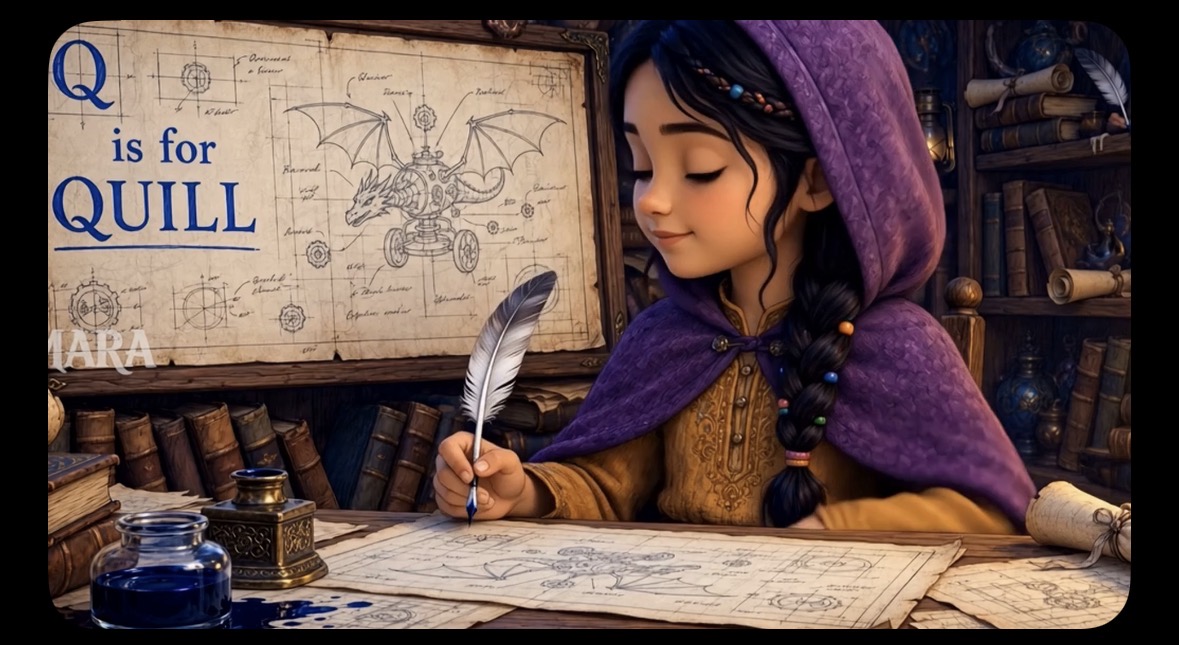 Q is for Quill: Mara writing with a feather quill