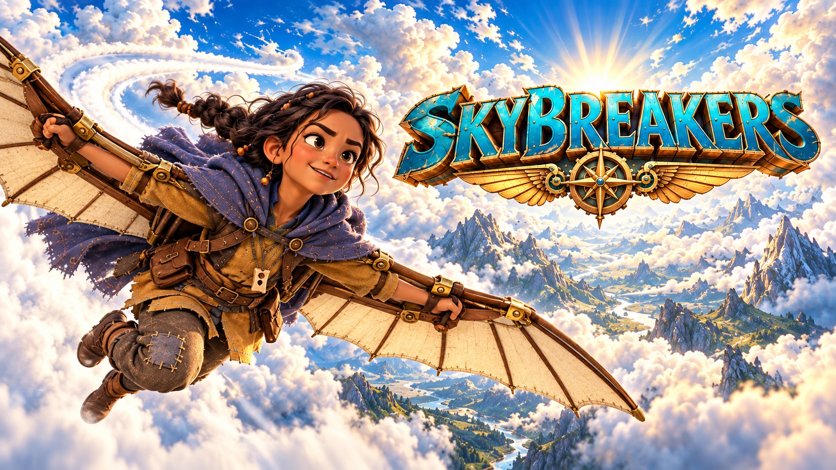 Skybreakers logo with Mara flying a canvas wing glider above the clouds