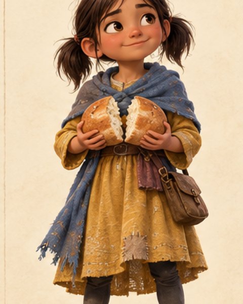 Lilly, a girl with pigtails and a yellow dress holding a loaf of bread