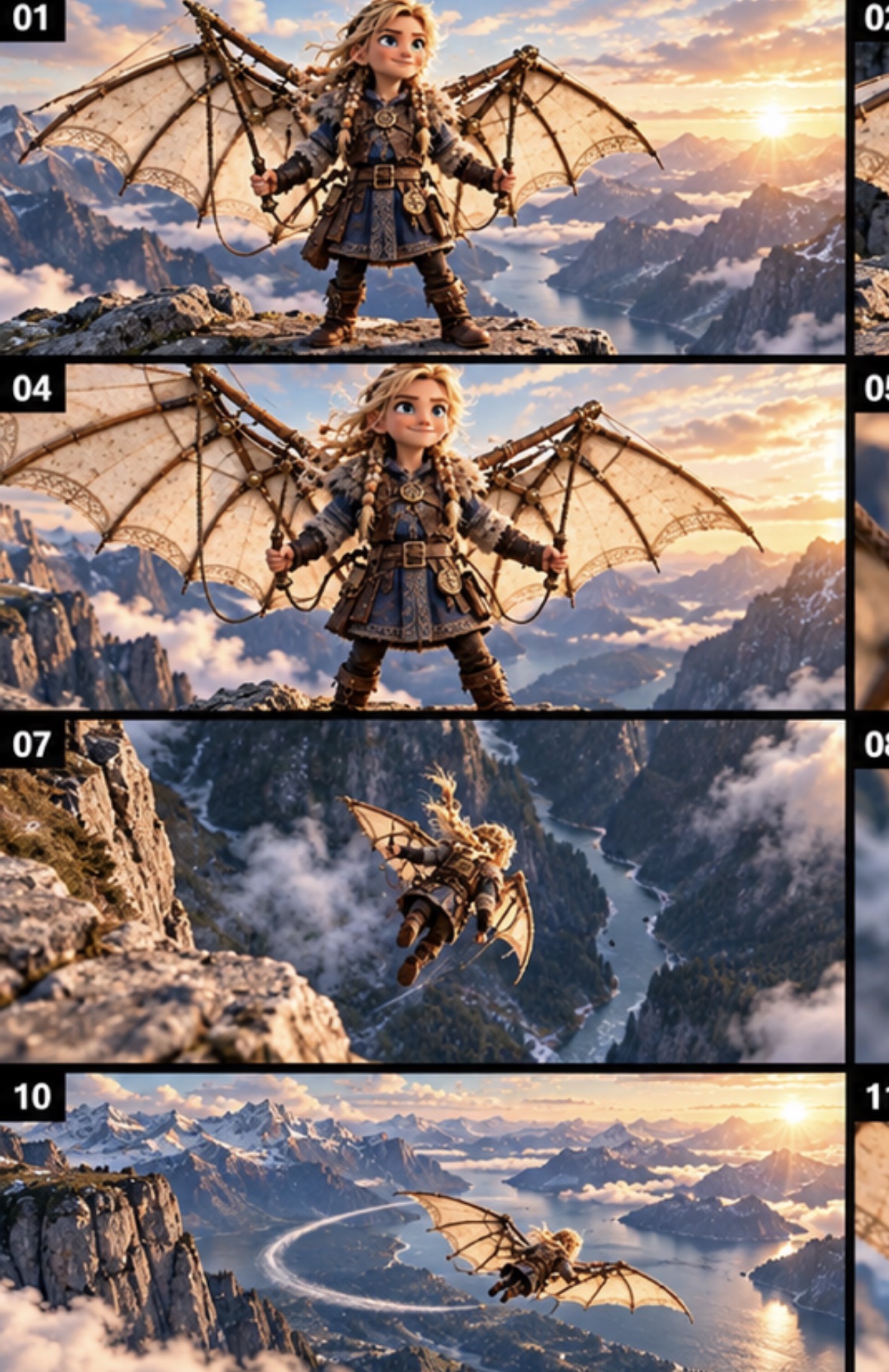 Storyboard frames of Yvonne launching the wing suit