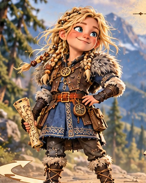 Yvonne, a girl with long blonde braids, fur collar and blue tunic, holding a rolled map